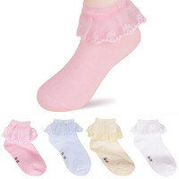 欧育儿童袜子春秋女童袜子公主蕾丝花边婴儿袜子松口宝宝短袜B1077 4双装/S