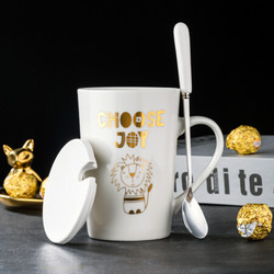 瓷魂 创意陶瓷杯马克杯杯子带盖带勺可爱咖啡杯 白色狮子金边 *8件