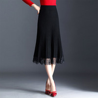 一塘晨年秋新款韩版简约纯色百褶蕾丝拼接A版时尚修身显瘦半身裙  S83S0255BA10JM   黑色 均码