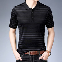 皮尔卡丹夏季男士短袖T恤薄款翻领时尚针织条纹显瘦短袖上衣T恤黑色 XXL