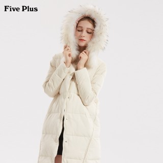 Five Plus 貉子毛领厚女中长款连帽外套大衣长袖羽绒服