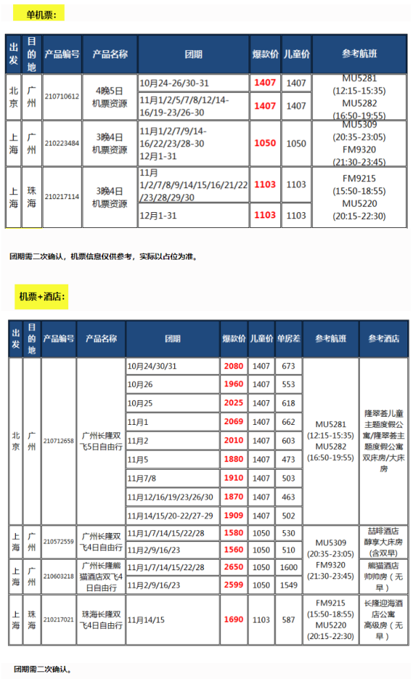 北京/上海-广州/珠海4-5天含税往返机票/自由行(宿长隆周边酒店)