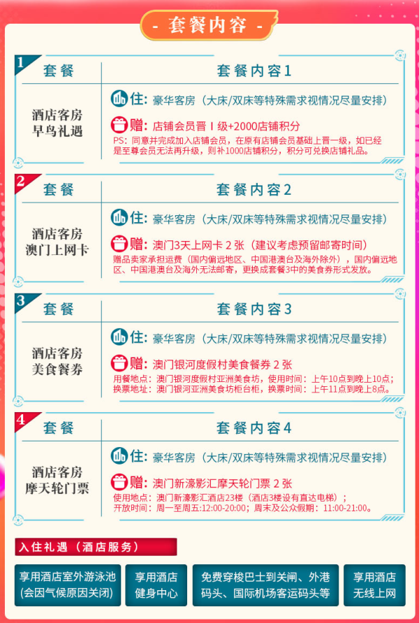 澳门喜来登金沙城中心大酒店1晚套餐 可选美食券/电话卡/影汇8字摩天轮门票