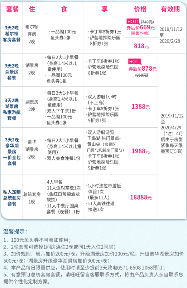 再降价!千岛湖希尔顿1-2晚套餐 可1元换购加床+餐饮代金券等
