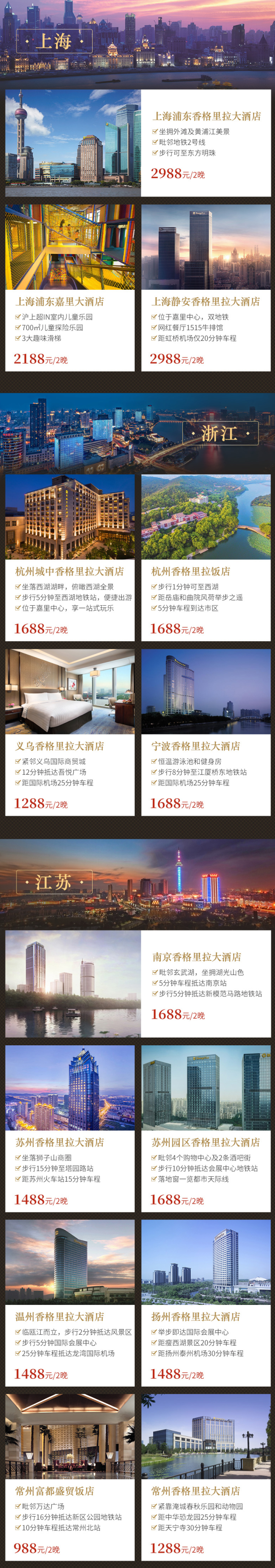 香格里拉酒店集团 江浙沪周边 9城14店2晚通兑房券 含早餐 可拆分 周末不加价