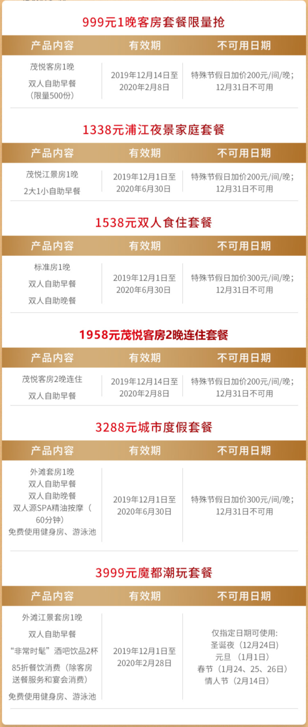 上海外滩茂悦大酒店1-2晚套餐(含早餐)