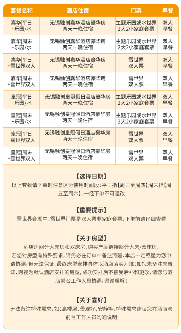 无锡融创万达嘉华/皇冠酒店1晚+乐园/水世界/雪世界门票
