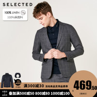 SELECTED思莱德夏季新款男亚麻格纹修身商务休闲西装S|419272509