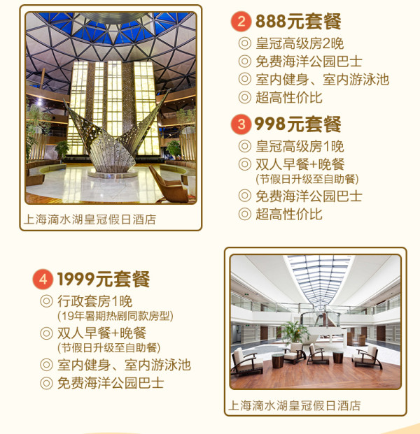 上海滴水湖皇冠假日酒店1-2晚度假套餐