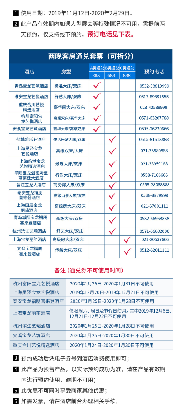 宝龙酒店集团 11城16店2晚通兑房券 含双早 可拆分 不约可退