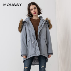 MOUSSY 新品大毛领收腰中长款夹棉棉服 奇妙夜爆款