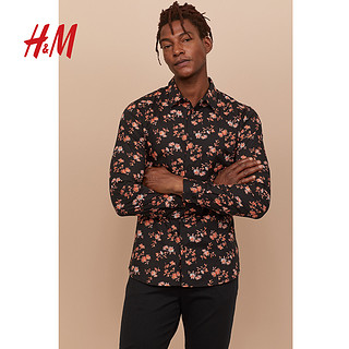 H&M 0618319 方领纯色修身长袖衬衫 灰色 M