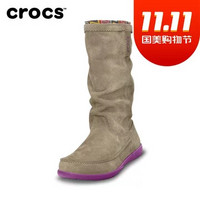 Crocs女靴子保暖 秋季卡骆驰阿瑞安娜反绒平底中筒时装靴|14685(卡其/亮紫 34)