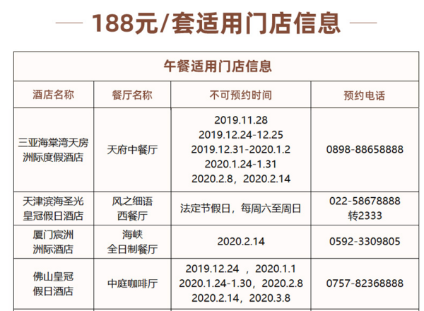 洲际酒店全国98店通用双人自助午餐/晚餐