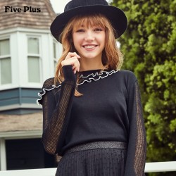 FIVE PLUS女冬装套头毛衣女上衣长袖打底荷叶边拼接撞色圆领 *3件
