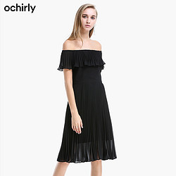 ochirly 欧时力夏装一字肩拼接荷叶百褶仙女连衣裙女1GY2081390