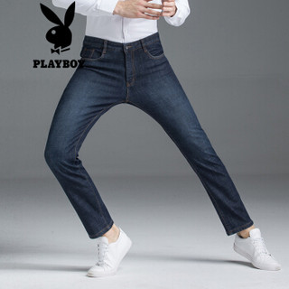 花花公子（PLAYBOY）68750509 牛仔裤男秋冬款加绒修身型直筒弹力小脚男士长裤子 深蓝 31(二尺四)