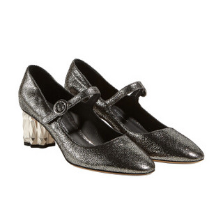 Salvatore Ferragamo 菲拉格慕 经典款女士银色羊皮革花朵造型鞋跟玛丽珍鞋 0718282_1D _ 55