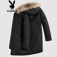 花花公子（PLAYBOY）羽绒服男外套2019冬季新款连帽保暖上衣中长款时尚大毛领男装 黑色 2XL/185