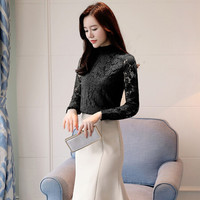 米兰茵（MILANYIN）女装 2019年秋冬款蕾丝打底衫韩版上衣半高领百搭长袖雪纺衫 GHML085 黑色 XXL