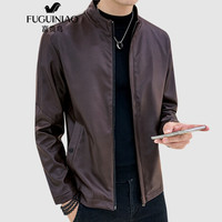 富贵鸟(FUGUINIAO)皮夹克男装秋季韩版修身休闲外套时尚简约纯色立领皮衣男 咖啡 2XL