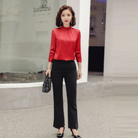 米兰茵（MILANYIN）女装 2019新款秋女工作服正装职业修身荷叶领长袖衬衫 NYml144 红色衬衣 L