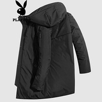 花花公子（PLAYBOY）羽绒服男中长款2019冬季新品连帽外套修身加厚保暖冬装 黑色 3XL/190