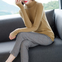 堡晟 2019秋季新款女装新品简约纯色女式打底衫半高领修身显瘦毛衣款百搭薄针织上衣 MMBD9172 卡其色 M