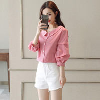 一塘晨秋装女2019新款时尚韩版七分袖娃娃领小清新单排扣格子衬衣 S93R4907CA760M  红色格子 M