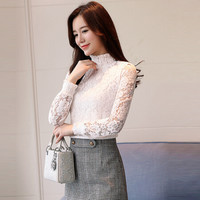 米兰茵（MILANYIN）女装 2019年秋冬款蕾丝打底衫韩版上衣半高领百搭长袖雪纺衫 GHML085 白色 XL