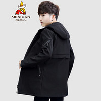 稻草人(MEXICAN)风衣男中长款连帽2019秋冬新款夹克男时尚休闲大衣男修身舒适百搭衣服男装外套 黑色 4XL