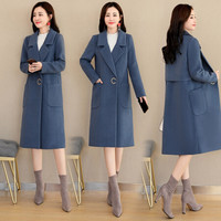 凡淑 毛呢大衣女2019秋冬新品开衫潮流拼接气质时尚休闲宽松显瘦呢子外套 yzYY1880d 蓝色 2XL