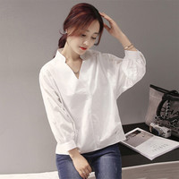 一塘晨2019秋季新款女纯色简约韩版七分灯笼袖V领宽松套头衬衫 S93R4906CA7M  白色 M