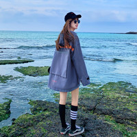 沫欣 风衣女2019秋冬新品时尚休闲印花拼接工装中长款显瘦百搭口袋大衣外套 YJC829A683Q 蓝色 XS