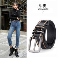 斯提亚(STIYA)皮带女士牛皮针扣复古宽腰带女时尚装饰牛仔裤绣线简约休闲裤带 893S081004黑色