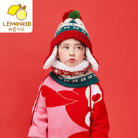 lemonkid 柠檬宝宝 女宝宝帽子围巾两件套加手套三件儿童男童女童秋季冬款毛线护耳婴儿套潮LK29009 红色52cm