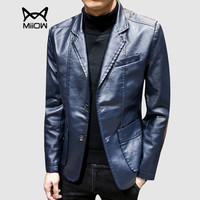 猫人(MiiOW)皮衣男士潮流时尚百搭西装领PU皮夹克外套1217-1-JK25蓝色XL