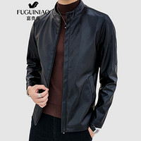 富贵鸟(FUGUINIAO)皮夹克男装秋季韩版修身休闲外套时尚简约纯色立领皮衣男 黑色 M