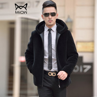 猫人(MiiOW)皮衣 男士时尚休闲连帽开衫羊剪绒皮草外套1616-1701黑色L