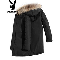 花花公子（PLAYBOY）羽绒服男2019冬季新款连帽保暖中长款外套时尚大毛领男装 黑色 L/175