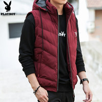 PLAYBOY 花花公子 马甲男2019春秋新款带帽无袖连帽男土棉外套潮加厚坎肩外套SY28010 酒红色 3XL