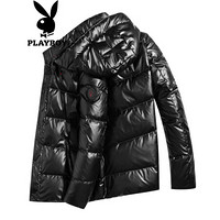 花花公子（PLAYBOY）羽绒服男2019冬装新品时尚连帽短款男装青年修身保暖外套男 黑色 XL/180