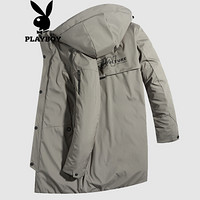 花花公子（PLAYBOY）羽绒服男中长款2019冬季新品连帽外套修身加厚保暖冬装 卡其 2XL/185