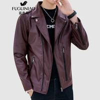 富贵鸟(FUGUINIAO)皮夹克男2019秋装新款翻领皮衣男装时尚修身休闲皮衣外套 酒红 M