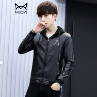 猫人(MiiOW)皮衣 男士时尚休闲潮流刺绣连帽皮衣外套A428-1-PY03黑色M