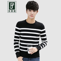 吉普盾圆领针织衫毛衣男2019秋季新款韩版潮流条纹毛衫男士套头线衣 黑色 XL