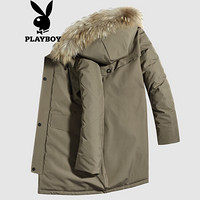 花花公子（PLAYBOY）羽绒服男外套2019冬季新款连帽保暖上衣中长款时尚大毛领男装 卡其 2XL/185