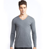 港莎保暖内衣男单件上衣弹力棉V领男士打底衫修身纯色长袖 深麻灰 XXXL