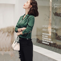 MAX WAY 女装2019新款秋季衬衫女工作服正装职业修身衬衣女装OL NYml153 绿色衬衫 L