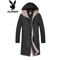 花花公子（PLAYBOY）羽绒服男2019新款冬季时尚保暖大衣青年中长连帽外套 黑色 L/175